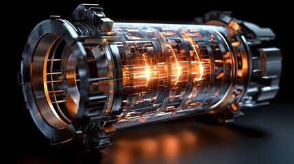 Aufkleber - view of a electromagnetic coil tightly wrapped around a metallic core glowing softly with a futuristic industrial and technological aesthetic
