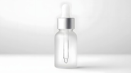 Poster - 3D render of a frosted glass serum bottle with a smooth dropper and a matte silver top  The minimalist clean design showcases the cosmetic or healthcare product inside