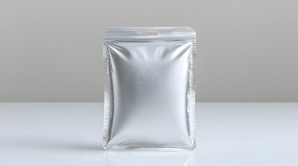 Poster - 3D render of a glossy silver foil pouch with heat sealed edges isolated on a plain simple background  This mockup can be used for packaging design product branding or still life photography