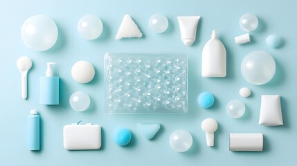 Poster - 3D Render of a Transparent Glossy Bubble Mailer with a Clean Minimalist Geometric Design on a Light Blue Backdrop  This Image Showcases the Sleek and Modern Aesthetic of the Product Packaging