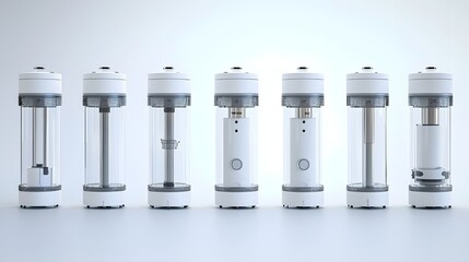 Poster - 3D rendering of a modular refillable bottle system with interchangeable sections designed with a clean minimalist white finish  This innovative product concept showcases a sustainable customizable