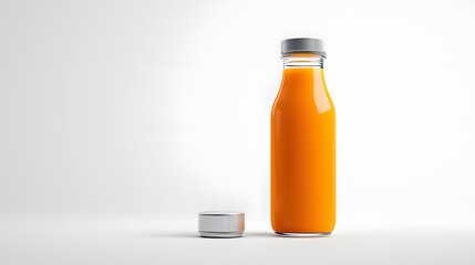 Poster - A and minimalist glass juice bottle with a matte finish and a clean silver cap captured in a simple studio setting with a white background highlighting the product s elegant and modern design