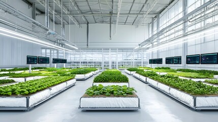 Poster - A modern temperature regulated greenhouse with insulated panels smart monitoring screens and advanced technology for efficient sustainable indoor agriculture and vertical farming