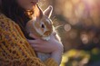 © Сергей Кошкаров - Woman with a small rabbit celebrating Easter and new beginnings in natural light
