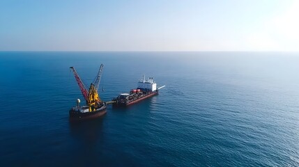 Aufkleber - A photo of a fuel barge refueling a distant offshore oil and gas platform in the open blue sea with cranes and other visible on the platform