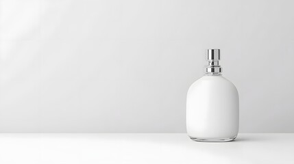 Poster - A photo of a minimalist glass perfume bottle with a blank matte finish and a silver atomizer  The clean elegant design showcases the simple yet sophisticated beauty of this luxury cosmetic product
