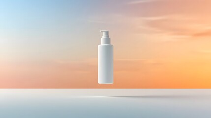 Poster - A photo of a matte white plastic pump bottle with a clean cylindrical shape floating on a soft gradient background with a serene sky in shades of orange pink and blue