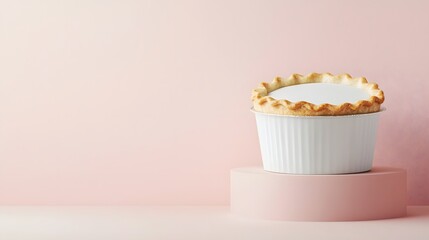 Poster - A photo of a minimalist white pie box with a sleek modern design and a blank exterior floating elegantly on a soft pastel colored background  The clean