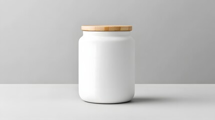 Aufkleber - A photo of a minimalist white ceramic jar with a natural bamboo lid emphasizing an eco friendly and modern aesthetic for home decor or product display