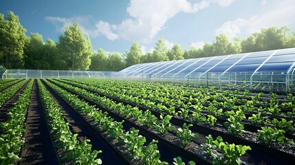 Poster - A photo of a solar powered greenhouse featuring energy efficient panels on the roof and rows of thriving healthy crops growing inside the sustainable climate controlled structure