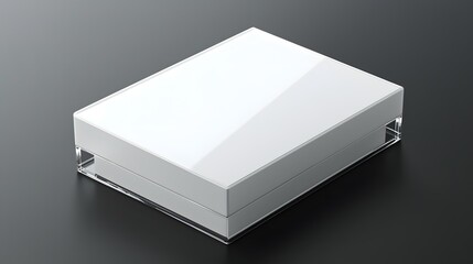 Poster - A photograph of a clear acrylic compact box designed for storing and displaying powder makeup products  The box has a glossy reflective finish and no visible markings or branding