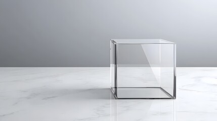 Poster - A photograph showcasing a clear acrylic cube shaped box displayed on a white marble surface in a minimalist and high end studio setup