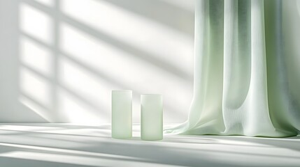 Leinwandbilder - A photograph showcasing a plant based PLA plastic container with a smooth frosted texture that reflects the soft natural lighting of the studio setting  The minimalist