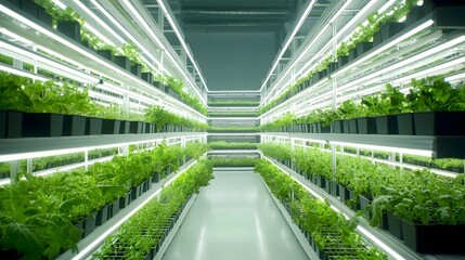 Poster - A photograph showcasing a futuristic vertical farming setup inside a sleek modern greenhouse featuring a sophisticated LED lighting system that enables efficient and sustainable indoor agriculture