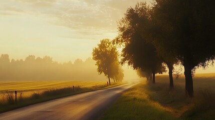 Poster - A serene long country road vanishing into a golden sunset, perfect for evocative landscape imagery.