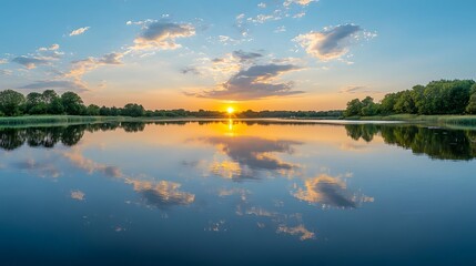 Poster - Breathtaking sunset reflection on a peaceful still lake surrounded by lush greenery and a vibrant sky  A serene and calming natural landscape during the golden hour