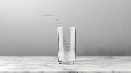 Aufkleber - Closeup of a transparent glass drinking straw with a sleek curved design placed on a smooth gray marble tabletop  This minimalist