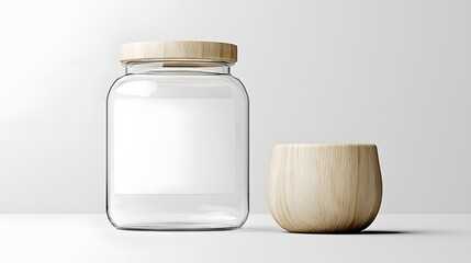 Poster - Frosted Glass Jar with Smooth Wooden Lid   Minimalist and Modern Kitchen Container for Food Storage or