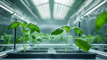 Poster - Futuristic aeroponic system in a modern greenhouse with nozzles spraying nutrient rich mist over the plant roots to promote growth  This high tech