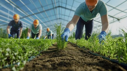 Aufkleber - Greenhouse workers diligently caring for a diverse array of lush indoor plants and vegetation showcasing the daily life and labor involved in maintaining a thriving greenhouse environment