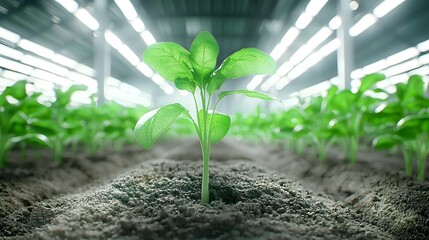 Poster - Interior greenhouse scene with soft focus on the foreground showcasing a young plant seedling and crisp rows of mature plants in the background