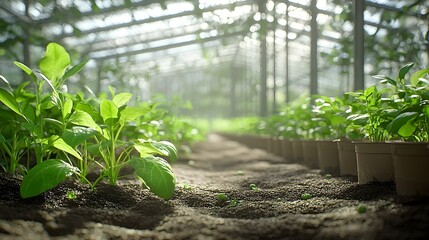 Poster - Lush and Vibrant Interior Greenhouse Scene with Crisp Rows of Thriving Cultivated Plants in a Serene Sustainable Environment