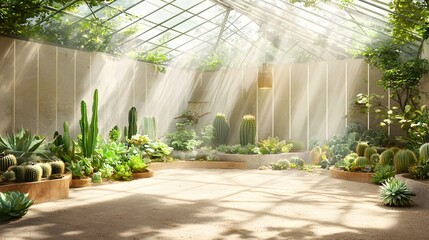 Poster - Lush Cactus and Succulent Greenhouse with Geometric Glass Panels and Warm Lighting Creating Striking Shadows