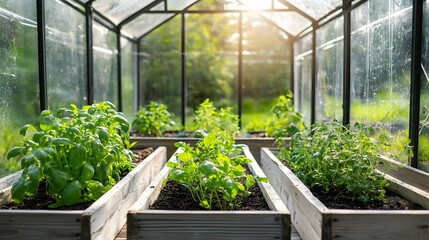Poster - Lush indoor greenhouse with a variety of exotic herbs growing in wooden raised beds bathed in the soft warm glow of morning sunlight streaming through the glass walls and ceiling  A serene productive