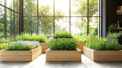 Poster - Lush Greenhouse Sanctuary with Vibrant Herb Garden and Soft Morning Glow   Interior of a glass greenhouse filled with exotic herbs growing in wooden raised beds basking in the warm
