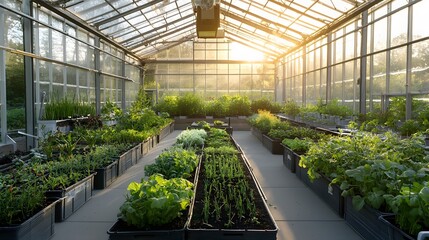 Poster - Lush thriving organic vegetable garden cultivated inside a warm inviting greenhouse with golden sunlight filtering through the glass panels
