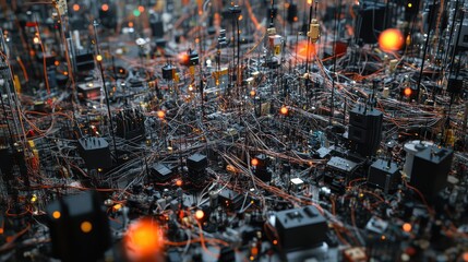 Poster - Intricate network of black structures and orange wires, creating a futuristic cityscape. Ideal for illustrating complex systems, technology, or global interconnectedness.