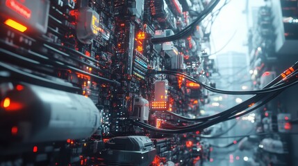 Aufkleber - Intricate futuristic circuit board with glowing components and cables. Illustrates advanced technology, AI, or data processing concepts.