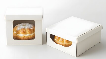 Aufkleber - Matte White Pastry Box with Foldable Design and Window Cutout for Clean and Unbranded Presentation of Baked Goods Confectionery and Snacks in Retail or Shop Settings