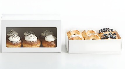 Aufkleber - Matte White Pastry Box with Foldable Design and Window Cutout for Clean Unbranded Presentation of Baked Goods Desserts and Confections in Bakery Cafe or Catering Settings