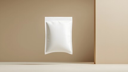 Poster - Matte white pillow pouch with sealed edges floating on a neutral background  Simple and minimalist product photography mockup or studio shot for packaging branding or commercial design