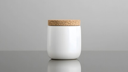 Leinwandbilder - Minimalist White Ceramic Jar with Cork Lid Displayed on a Reflective Surface in a Clean Simple Studio Setup