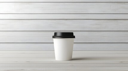 Poster - photo of a blank white paper coffee cup with a black lid placed on a plain wooden surface  This minimalist clean and simple image can be used as a product mockup or for various lifestyle
