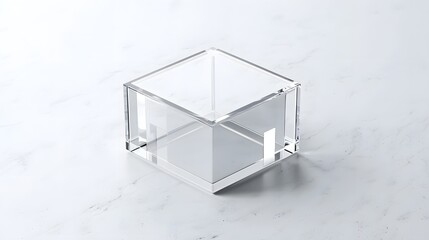 Leinwandbilder - photo of a clear acrylic cube shaped box displayed on a white marble surface in a minimalist modern studio setup  The transparent glass like box is showcased as a simple