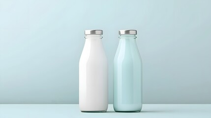 Poster - photo of a frosted glass milk bottle with a minimal rounded body and a silver twist off lid  The clean simple design and elegant composition create a modern