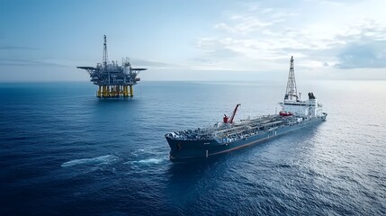 Poster - photo of a fuel barge refueling a distant offshore oil platform in the open sea  The platform is visible in the distance surrounded by calm blue waters and a cloudy sky horizon