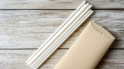 Leinwandbilder - photo of a matte white paper straw lying flat in a simple unbranded paper sleeve on a natural wooden surface  The minimal clean composition showcases the elegant eco friendly packaging design