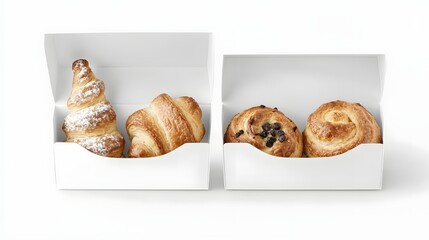 Poster - photo of a matte white pastry box with a foldable design and a window cutout  showcasing a clean and unbranded bakery product presentation