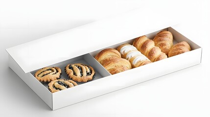 Aufkleber - photo of a matte white pastry box with a foldable design and a window cutout showcasing a clean and unbranded presentation  The image highlights the elegant and minimalist design of the packaging