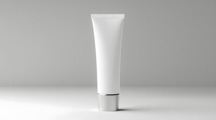 Poster - photo of a minimalist white cosmetic tube with a matte texture and a silver twist cap  The simple clean design showcases the beauty product packaging for skincare haircare