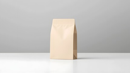 Aufkleber - photo of a neutral beige matte stand up pouch with a minimalist design placed on a clean white surface  The packaging is blank and simple showcasing the material texture and elegant modern style