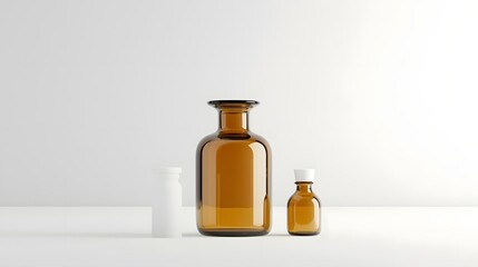 Poster - photo of a round amber glass bottle with a classic apothecary style design and no labels  The bottle has a vintage traditional look and would make a great prop or for beauty health