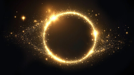 abstract gold glowing ring of light with particles, light eye，abstract light lines of movement and s