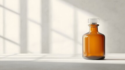 Poster - Photo of a Vintage Amber Glass Bottle With a Classic Apothecary Design and No Labels Showcasing Its Elegant Minimalist and Natural Aesthetic in a Studio Setting With Soft Lighting and Shadows
