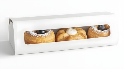 Poster - Photo of Matte White Pastry Box with Foldable Design and Window Cutout Clean and Unbranded Packaging Mockup for Bakery Cafe or Confectionary Products