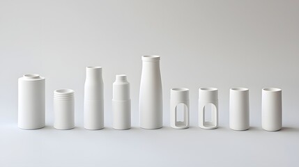 Poster - Photo of Modular Refillable Bottle System with Interchangeable Sections Arranged in a Clean White Finish for a Minimalist and Sustainable Design Concept